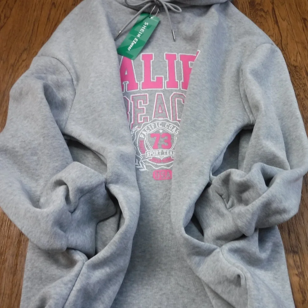 SHEIN "Malibu" Beach Gray Hooded Sweatdress Women L ~NWT~ - Picture 3 of 7